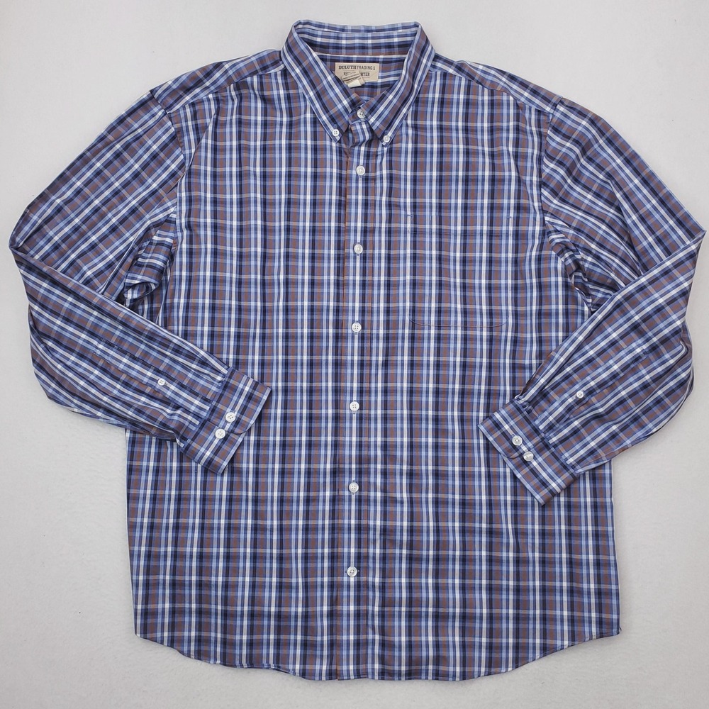 Duluth Trading Shirt Mens 2XL Blue Plaid WrinkleFighter Button Down Long Sleeve